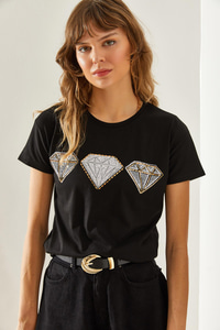 Kadın Elmas Desenli Taş Detaylı Basic Penye T-Shirt 60251237 - Siyah T-SHİRT modelleri