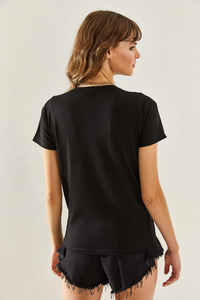 Kadın Elmas Desenli Taş Detaylı Basic Penye T-Shirt 60251237 - Siyah T-SHİRT modelleri