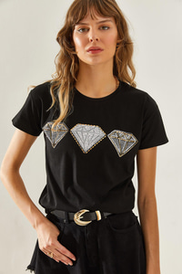 Kadın Elmas Desenli Taş Detaylı Basic Penye T-Shirt 60251237 - Siyah T-SHİRT modelleri