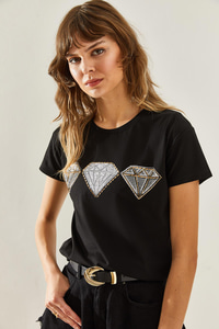Kadın Elmas Desenli Taş Detaylı Basic Penye T-Shirt 60251237 - Siyah T-SHİRT modelleri