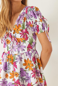 Kadın Emprime Vatkalı Çiçek Desenli Fiyonk Detaylı Mini Elbise 60261480 - Pembe-Mor