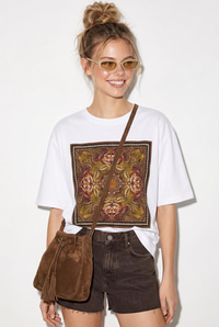 Kadın Etnik Desenli Boncuk İşlemeli Baskı Detaylı Oversize T-Shirt 2128 60286123 - Beyaz T-SHİRT modelleri