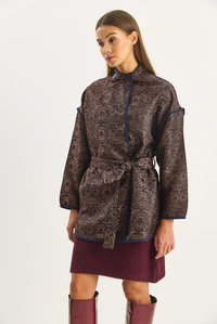 Kadın Etnik Desenli Kuşaklı Oversize Kimono 4159 60283674 - Acı Kahve CEKET modelleri