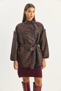 Kadın Etnik Desenli Kuşaklı Oversize Kimono 4159 60283674 - Acı Kahve CEKET modelleri
