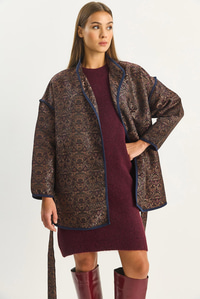 Kadın Etnik Desenli Kuşaklı Oversize Kimono 4159 60283674 - Acı Kahve CEKET modelleri