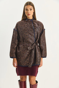 Kadın Etnik Desenli Kuşaklı Oversize Kimono 4159 60283674 - Acı Kahve CEKET modelleri