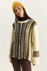 Kadın Etnik Desenli Oversize Bisiklet Yaka Kalın Triko Kazak 2529 60283875 - Krem KAZAK modelleri