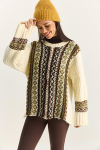 Kadın Etnik Desenli Oversize Bisiklet Yaka Kalın Triko Kazak 2529 60283875 - Krem KAZAK modelleri