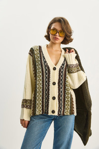 Kadın Etnik Desenli Oversize V Yaka Düğmeli Kalın Triko Hırka 5057 60283576 - Krem HIRKA modelleri