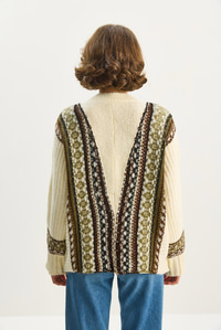 Kadın Etnik Desenli Oversize V Yaka Düğmeli Kalın Triko Hırka 5057 60283576 - Krem HIRKA modelleri