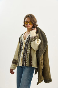 Kadın Etnik Desenli Oversize V Yaka Düğmeli Kalın Triko Hırka 5057 60283576 - Krem HIRKA modelleri