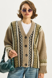 Kadın Etnik Desenli Oversize V Yaka Düğmeli Kalın Triko Hırka 5057 60283576 - Vizon HIRKA modelleri