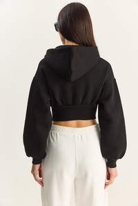 Kadın Fermuarlı Kapüşonlu Belden Oturmalı Esnek Örme Crop Sweatshirt 60283858 - Siyah HIRKA modelleri