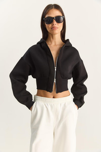 Kadın Fermuarlı Kapüşonlu Belden Oturmalı Esnek Örme Crop Sweatshirt 60283858 - Siyah HIRKA modelleri