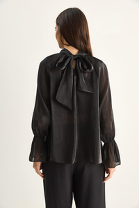 Kadın Fırfır Detaylı Dik Yaka Parlak Organze Şifon Bluz 1009 60286162 - Siyah BLUZ modelleri