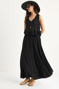 Kadın Fisto Detaylı Bluz Beli Lastikli Astarlı Etek Gofre Takım 25S1-8003 60283416 - Siyah