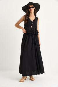 Kadın Fisto Detaylı Bluz Beli Lastikli Astarlı Etek Gofre Takım 25S1-8003 60283416 - Siyah