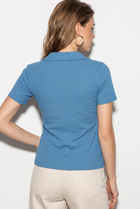 Kadın Fitilli Polo Yaka Kısa Kollu Basic T-Shirt 60382602 - Mavi T-SHİRT modelleri