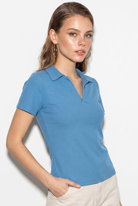 Kadın Fitilli Polo Yaka Kısa Kollu Basic T-Shirt 60382602 - Mavi T-SHİRT modelleri