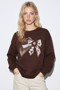 Kadın Fiyonk Baskılı Taş Detaylı Oversize Üç İplik Sweatshirt 2283 60286479 - Acı Kahve SWEATSHİRT modelleri