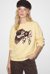 Kadın Fiyonk Baskılı Taş Detaylı Oversize Üç İplik Sweatshirt 2283 60286479 - Sarı SWEATSHİRT modelleri