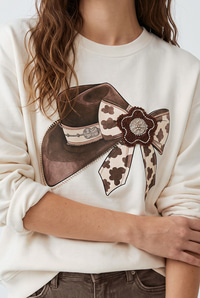 Kadın Fiyonk Baskılı Taş Detaylı Oversize Üç İplik Sweatshirt 2283 60286479 - Beyaz SWEATSHİRT modelleri