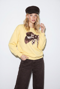 Kadın Fiyonk Baskılı Taş Detaylı Oversize Üç İplik Sweatshirt 2283 60286479 - Sarı SWEATSHİRT modelleri