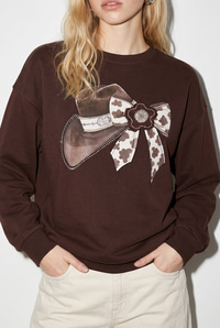 Kadın Fiyonk Baskılı Taş Detaylı Oversize Üç İplik Sweatshirt 2283 60286479 - Acı Kahve SWEATSHİRT modelleri