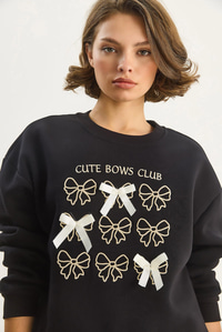 Kadın Fiyonk Nakışlı Kurdele Aksesuarlı Üç İplik Şardonlu Sweatshirt 60601048 - Siyah SWEATSHİRT modelleri