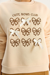 Kadın Fiyonk Nakışlı Kurdele Aksesuarlı Üç İplik Şardonlu Sweatshirt 60601048 - Bej SWEATSHİRT modelleri