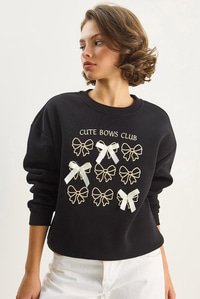 Kadın Fiyonk Nakışlı Kurdele Aksesuarlı Üç İplik Şardonlu Sweatshirt 60601048 - Siyah SWEATSHİRT modelleri