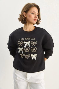 Kadın Fiyonk Nakışlı Kurdele Aksesuarlı Üç İplik Şardonlu Sweatshirt 60601048 - Siyah SWEATSHİRT modelleri