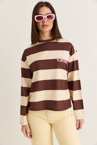 Kadın Flirting Yazı Baskılı Ön Arka Baskılı Çizgili Bisiklet Yaka Oversize Sweatshirt 927-1 60286669 - Kahverengi-Sarı SWEATSHİRT modelleri