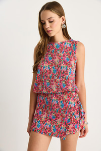 Kadın Flower Desen Pliseli Balon Bluz Bel Bağlamalı Mini Şortlu Takım 60283493 - Pembe