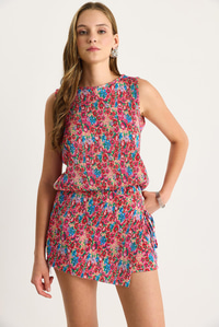 Kadın Flower Desen Pliseli Balon Bluz Bel Bağlamalı Mini Şortlu Takım 60283493 - Pembe