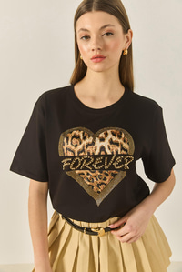 Kadın Forever Taş Baskılı Leoparlı Rahat Kalıp T-Shirt 1812 60283281 - Siyah