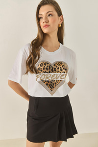 Kadın Forever Taş Baskılı Leoparlı Rahat Kalıp T-Shirt 1812 60283281 - Beyaz