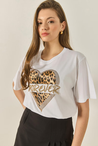 Kadın Forever Taş Baskılı Leoparlı Rahat Kalıp T-Shirt 1812 60283281 - Beyaz