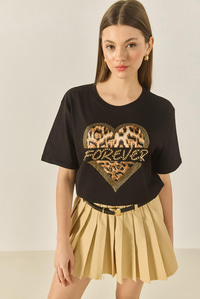 Kadın Forever Taş Baskılı Leoparlı Rahat Kalıp T-Shirt 1812 60283281 - Siyah