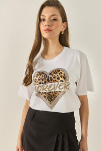 Kadın Forever Taş Baskılı Leoparlı Rahat Kalıp T-Shirt 1812 60283281 - Beyaz