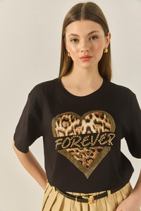 Kadın Forever Taş Baskılı Leoparlı Rahat Kalıp T-Shirt 1812 60283281 - Siyah