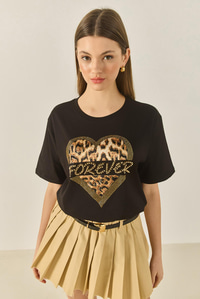 Kadın Forever Taş Baskılı Leoparlı Rahat Kalıp T-Shirt 1812 60283281 - Siyah