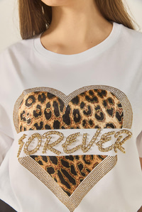 Kadın Forever Taş Baskılı Leoparlı Rahat Kalıp T-Shirt 1812 60283281 - Beyaz