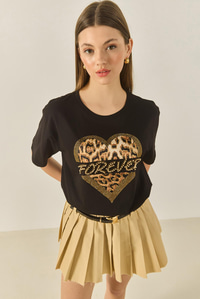Kadın Forever Taş Baskılı Leoparlı Rahat Kalıp T-Shirt 1812 60283281 - Siyah