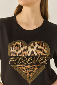 Kadın Forever Taş Baskılı Leoparlı Rahat Kalıp T-Shirt 1812 60283281 - Siyah
