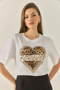 Kadın Forever Taş Baskılı Leoparlı Rahat Kalıp T-Shirt 1812 60283281 - Beyaz