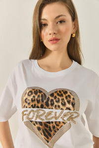 Kadın Forever Taş Baskılı Leoparlı Rahat Kalıp T-Shirt 1812 60283281 - Beyaz