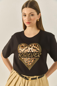 Kadın Forever Taş Baskılı Leoparlı Rahat Kalıp T-Shirt 1812 60283281 - Siyah