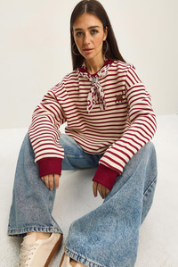 Kadın Fular Detaylı Leopar Nakışlı Çizgili Üç İplik Şardonlu Oversize Sweatshirt 6973 60283818 - Ekru-Bordo SWEATSHİRT modelleri