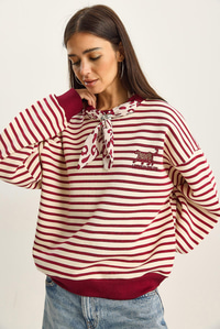 Kadın Fular Detaylı Leopar Nakışlı Çizgili Üç İplik Şardonlu Oversize Sweatshirt 6973 60283818 - Ekru-Bordo SWEATSHİRT modelleri